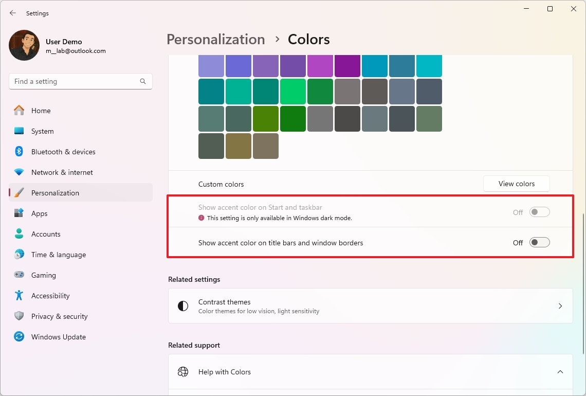 Accent color additional settings
