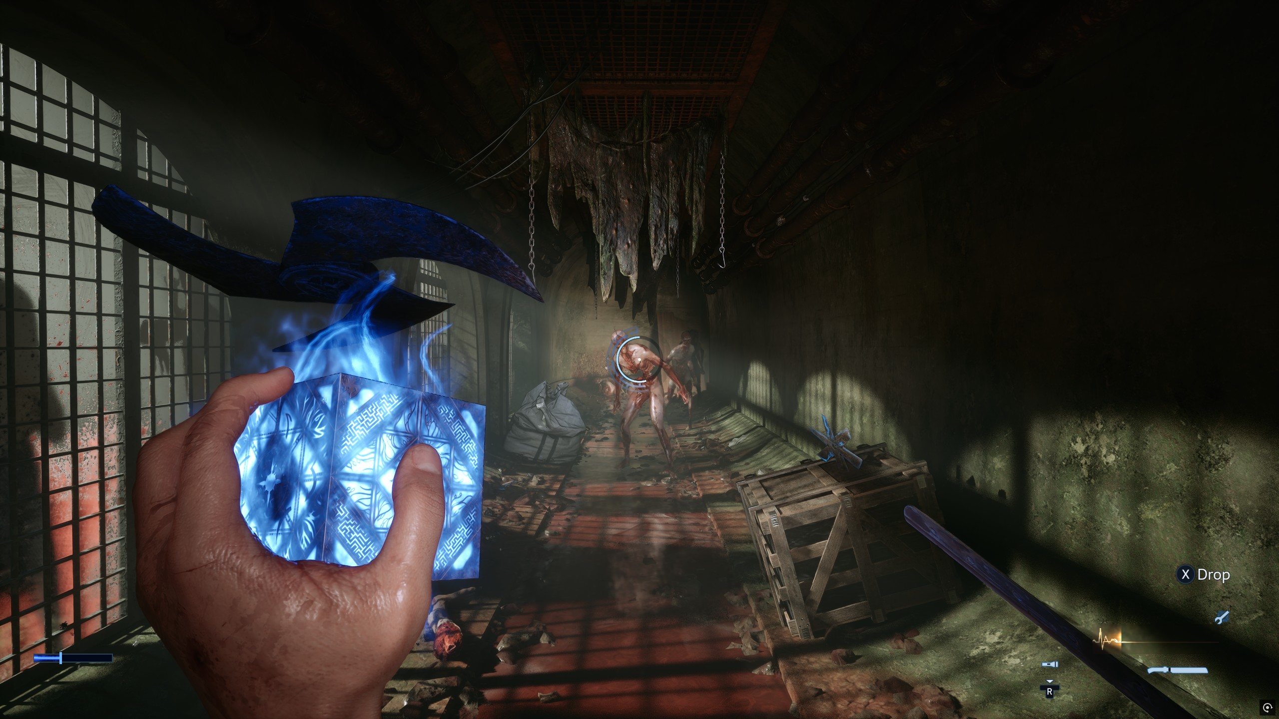 Aiming a metal saw blade using the cube at an Unworthy zombie-like foe in a sewer in Hellraiser: Revival