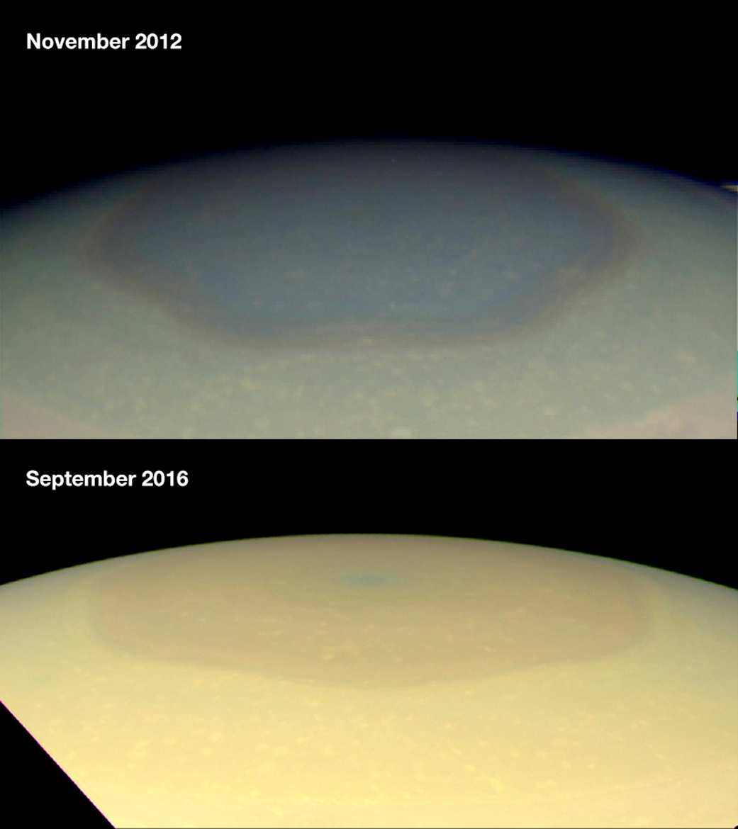 In 2012, large hexagon on Saturn&#039;s north pole is shown dark brown. In 2016, it&#039;s golden, much like its surroundings.