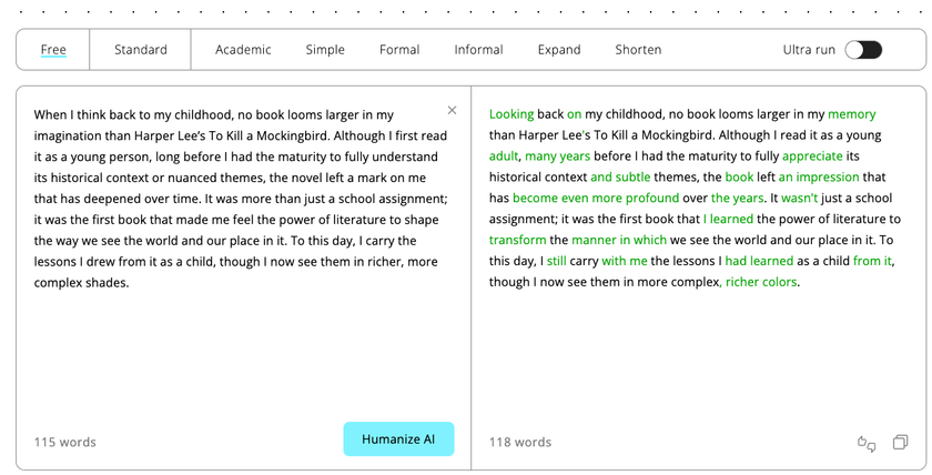 A screenshot of a paragraph of AI generated text before and after using a humanizer.
