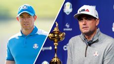 Rory McIlroy in blue European Ryder Cup colors and Keegan Bradley at a Ryder Cup press conference sitting in front of the trophy