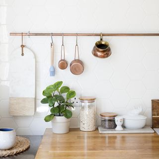 white kitchen with wooden worktop and potted plant