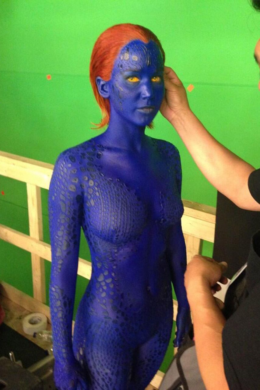 Jennifer Lawrence is painted in blue bodypaint for X-Men