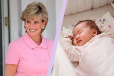 A collage of Princess Diana and a sleeping baby