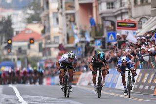 Peter Sagan dives for the line with Michal Kwiatkowski and Julian Alaphilippe on the 2017 Milan-San Remo