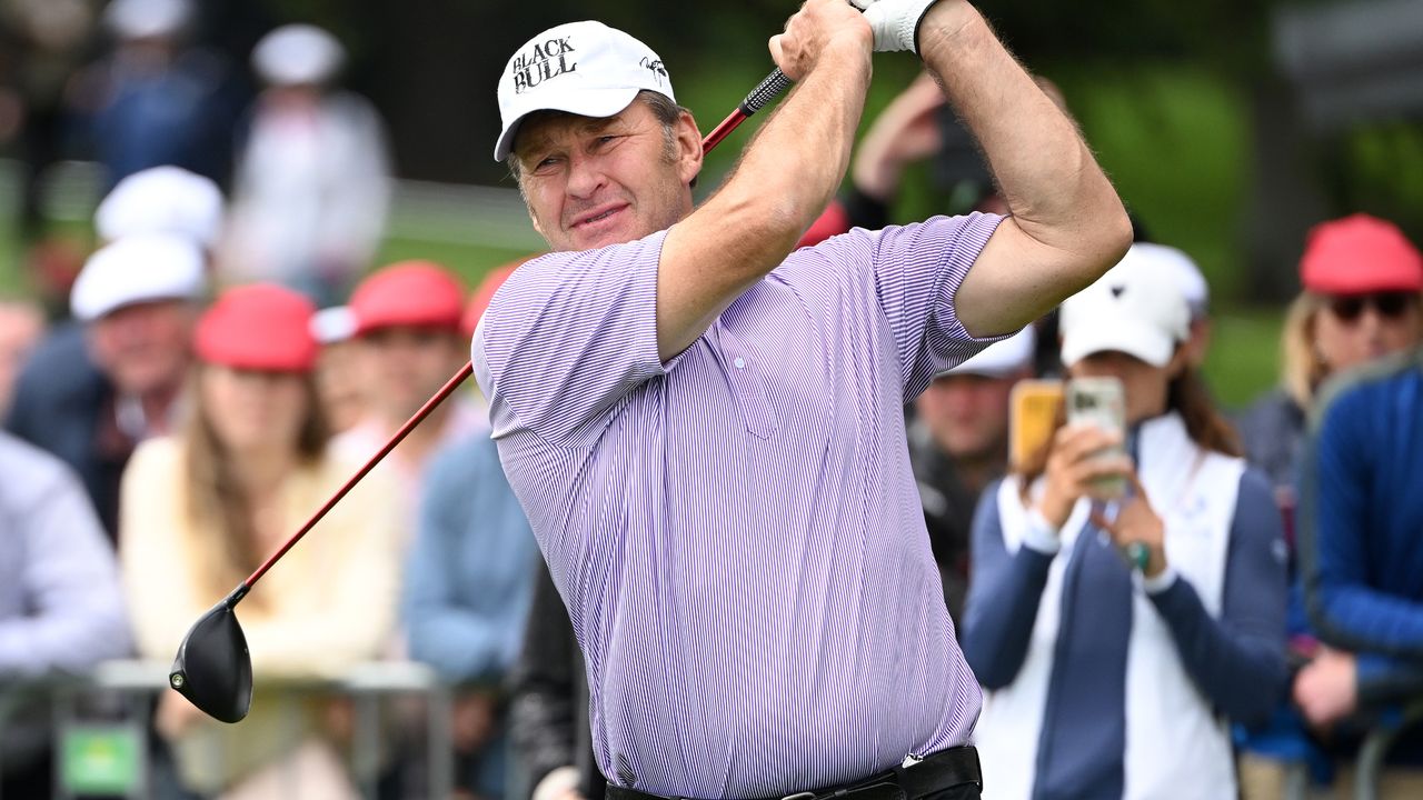 Sir Nick Faldo plays a tee shot during the 2022 JP McManus Pro-Am