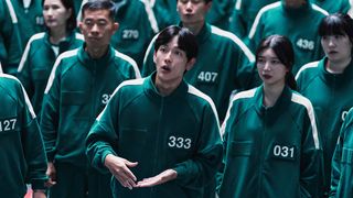 "Squid Game" season 2 contestants in their iconic numbered green tracksuits.