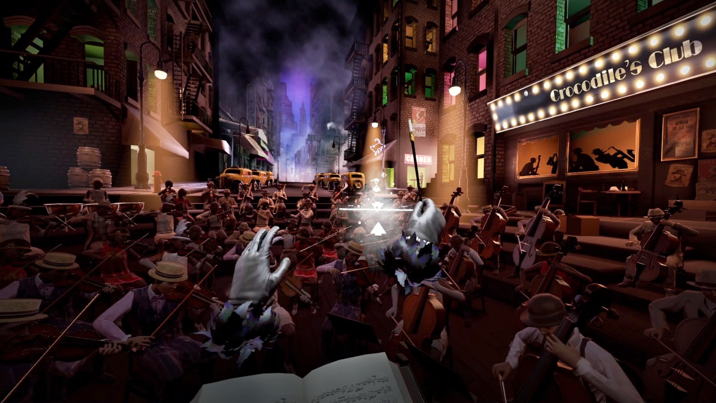 Conducting an orchestra on the Broadway-themed streets of New York in Maestro on the Meta Quest 3