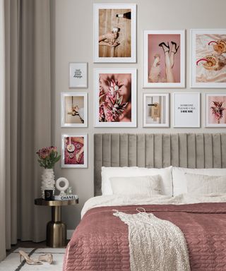 Pink bedroom with gallery wall by Desenio