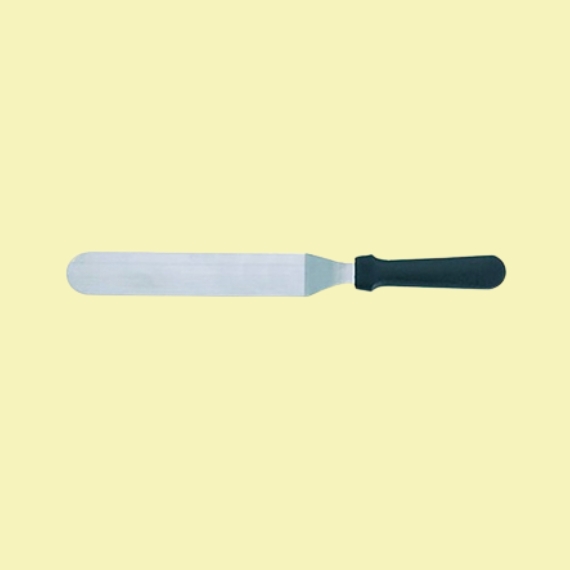 A stainless steel pastry spatula knife with black handle sits against a buttery background.