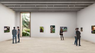 White walled interior of gallery with paintings on each wall
