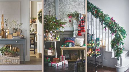 Compilation of three hallways with Christmas decorations to support how to style a hallway for Christmas ready for guests