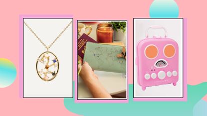 The cover image for gifts for sagittarius gift guide, with an astrology necklace, travel wallet and radio style speaker on a pink and green background.