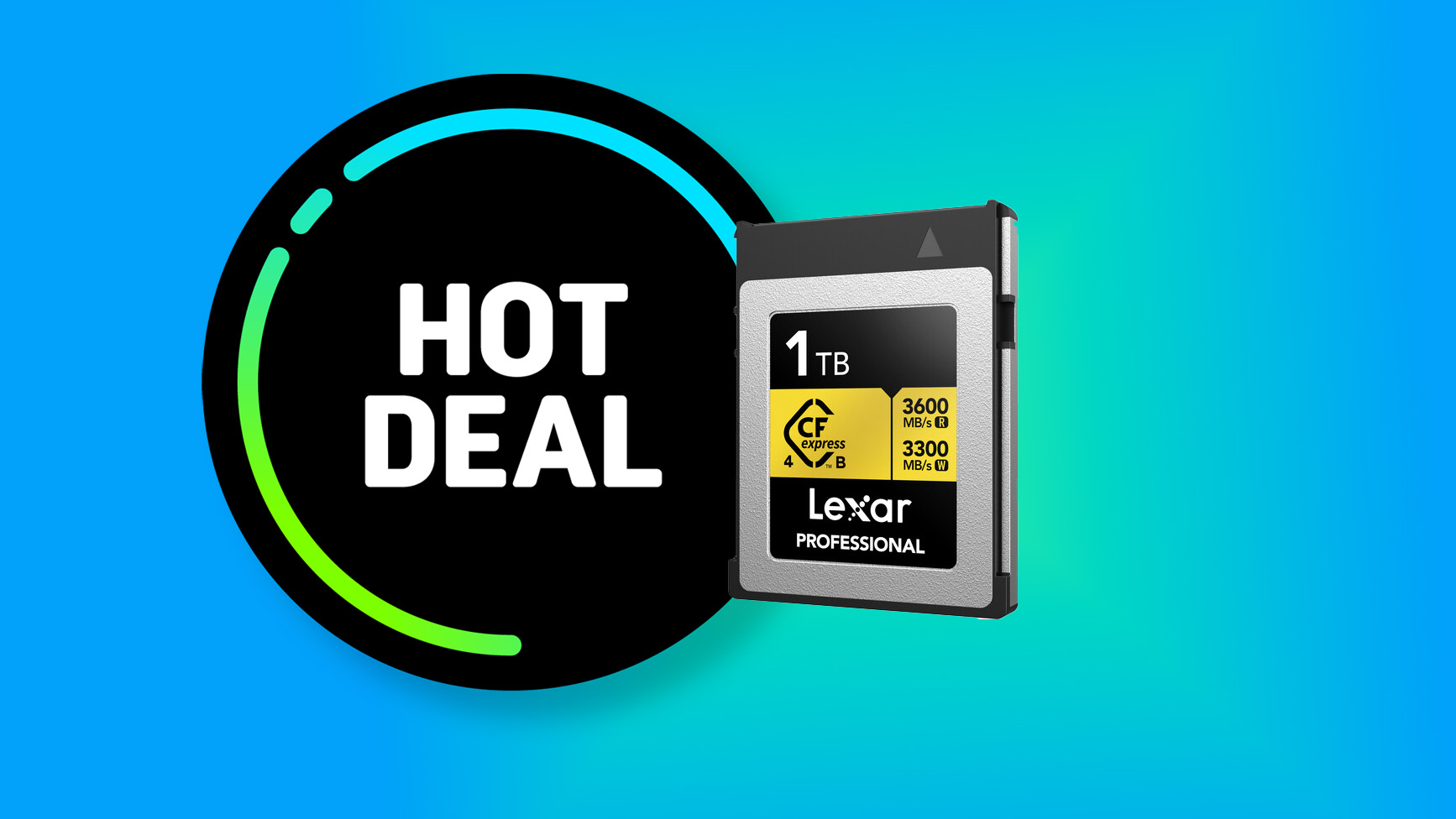 The Lexar CFexpress Gold Professional Type B on a colorful background with the words hot deal