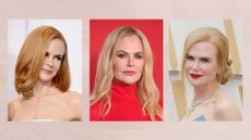 Three vertical images of Nicole Kidman with (left to right) a copper long bob; loose blonde waves; and a low bun hairstyle, all set against a dusky pink watercolour style background