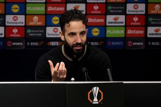Manchester United head coach Ruben Amorim speaks during a press conference after the Europa League match against Real Sociedad at Old Trafford in Manchester, England on 13 March, 2025.