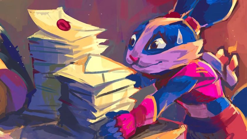 Windblown illustration of a nervous rabbit putting papers on a desk