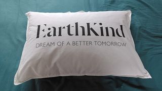 EarthKind Feather & Down Support Pillow being tested on a bed with teal sheets and a wooden headboard