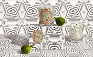 Diptyque 60th anniversary figuire candle with black and white graphic designs