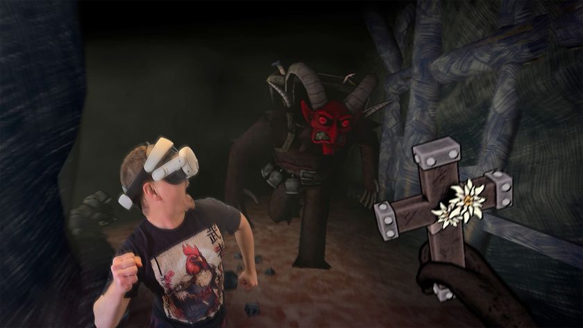 Running from the Krampus monster in Deadly Delivery VR while wearing a Meta Quest 3 headset