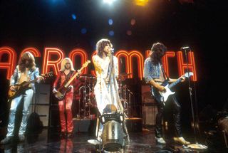 Brad Whitford, Tom Hamilton, Joey Kramer (drums), Steven Tyler and Joe Perry of Aerosmith on "Midnight Special" in Burbank, CA - June 1974.