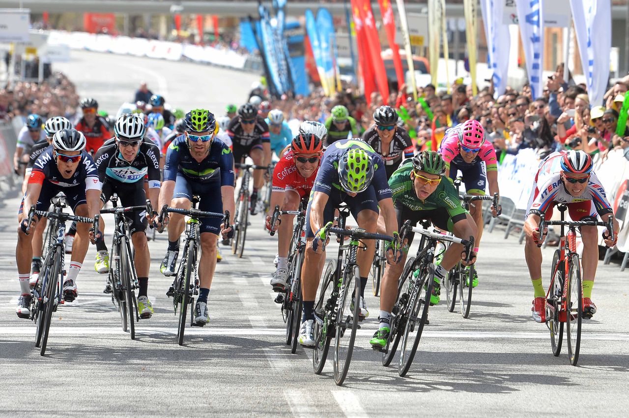 Alejandro Valverde (Movistar) edges Bryan Coquard (Europcar) for his third stage win of the race