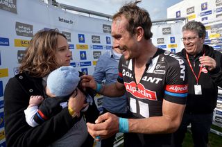 John Degenkolb (Giant Alpecin) greats his wife and newborn baby after winning Paris-Rouabix