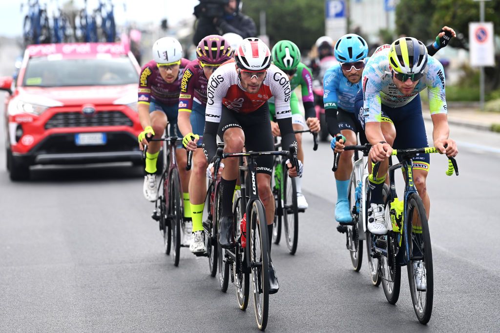 TORTONA ITALY MAY 17 LR Thomas Champion of France and Team Cofidis Diego Pablo Sevilla of Spain and Team EOLOKometa and Laurenz Rex of Belgium and Team Intermarch Circus Wanty compete in the breakaway during the 106th Giro dItalia 2023 Stage 11 a 219km stage from Camaiore to Tortona UCIWT on May 17 2023 in Tortona Italy Photo by Tim de WaeleGetty Images
