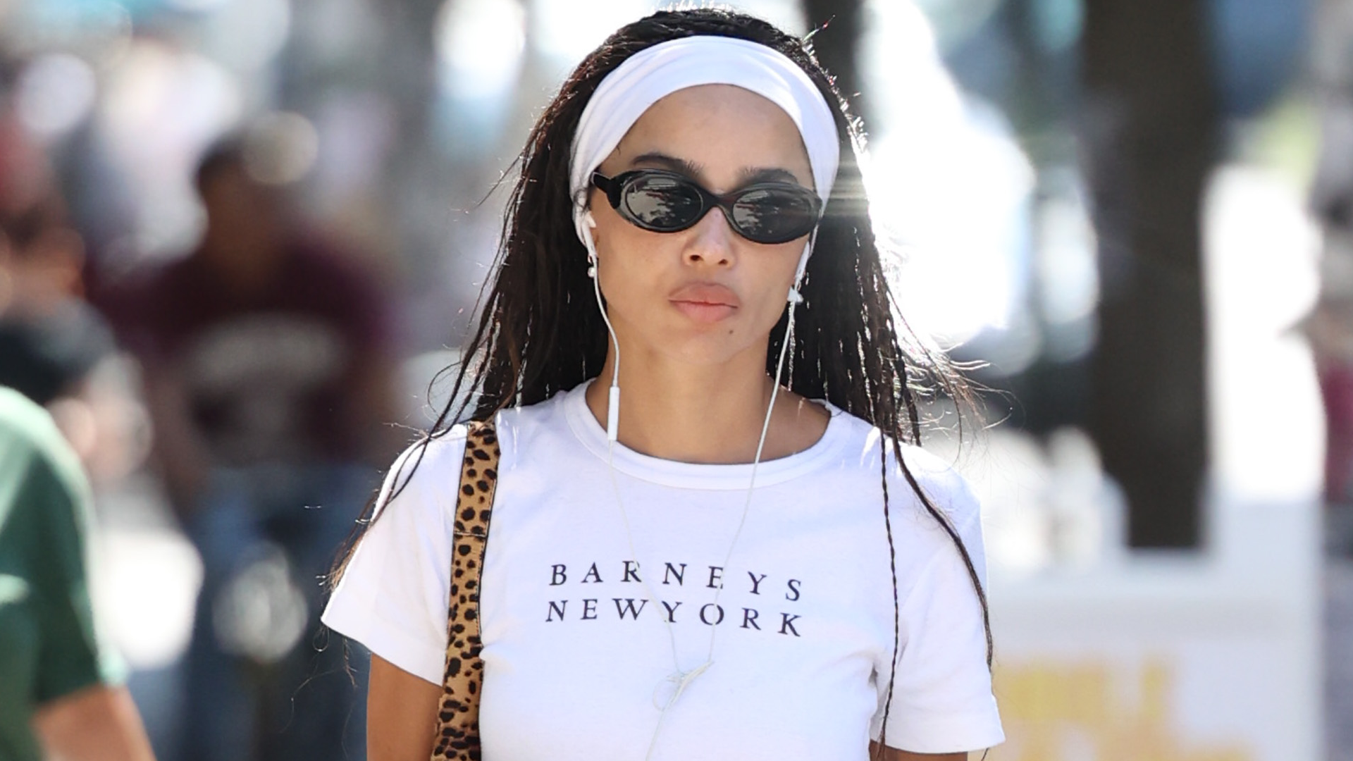 Zo&euml; Kravitz styled micro shorts and the peep-toe pumps trend with a white Barneys T-shirt