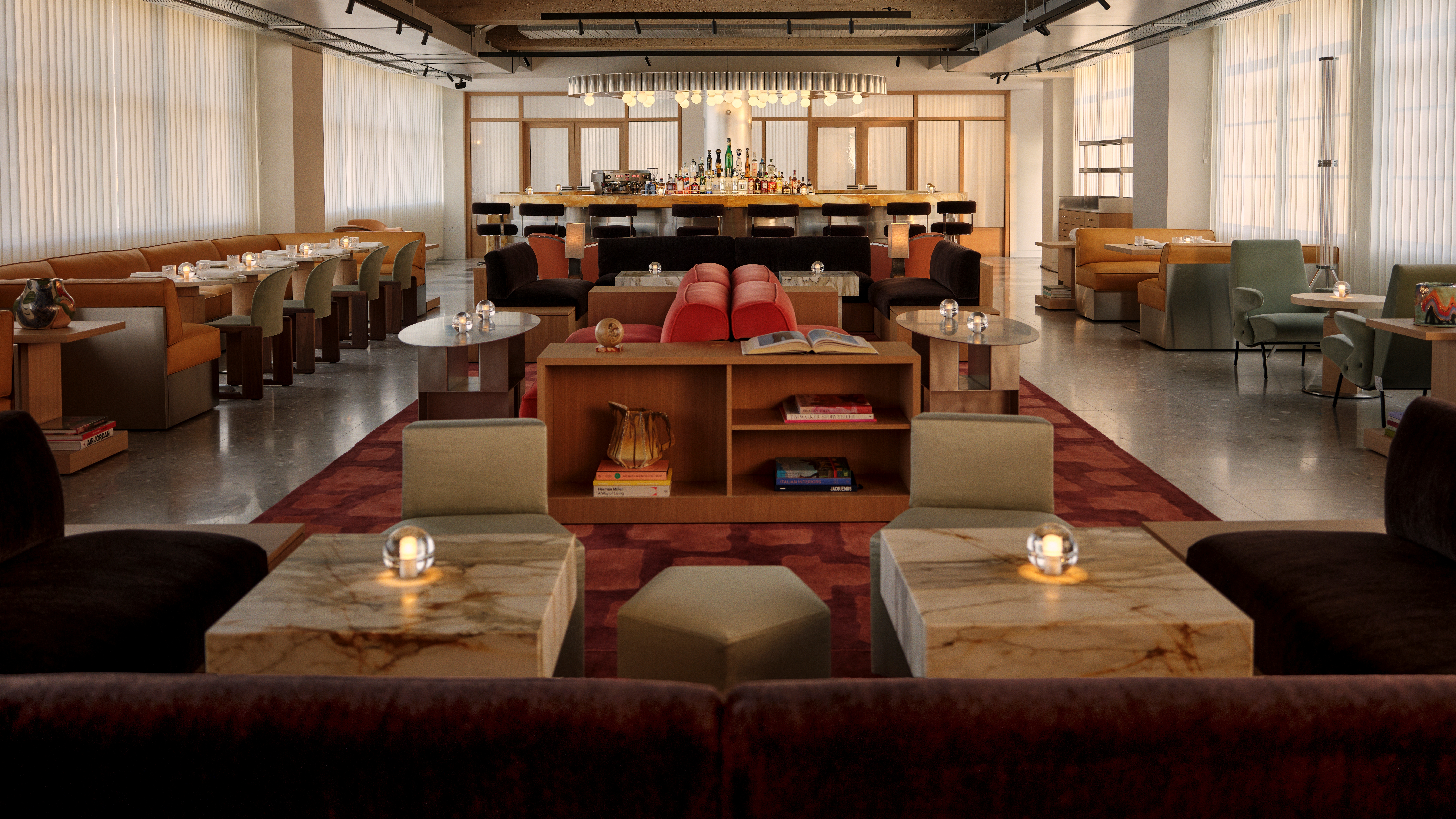 A multidisciplinary space for retail, hospitality, and culture features 1970s-inspired furnishings, sleek and textural details, an earthy palette, wood, stone, or ceramic surfaces, and a lush outdoor.