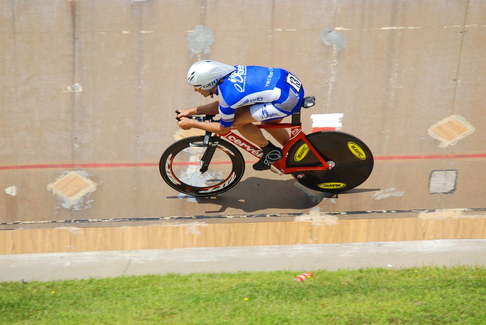 A cyclist rides around the velodrome used during the 1996 Olympic Games in Atlanta.