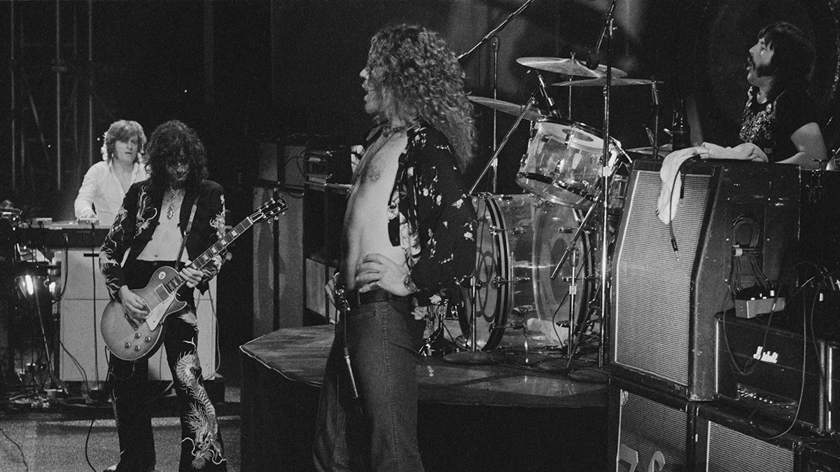 British heavy rock group Led Zeppelin, performing at Earl&#039;s Court, London, May 1975. Left to right: John Paul Jones, Jimmy Page, Robert Plant and John Bonham. The band were initially booked to play three nights at the venue, from 23rd to 25th May, but due to public demand, two more concerts were later added, for 17th and 18th May. Total ticket sales were 85,000