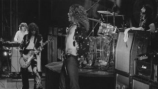 British heavy rock group Led Zeppelin, performing at Earl&#039;s Court, London, May 1975. Left to right: John Paul Jones, Jimmy Page, Robert Plant and John Bonham. The band were initially booked to play three nights at the venue, from 23rd to 25th May, but due to public demand, two more concerts were later added, for 17th and 18th May. Total ticket sales were 85,000