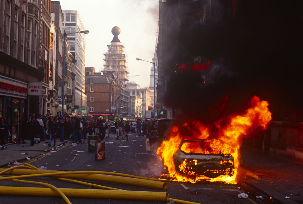Poll Tax riot in the UK capital, on 31st March 1990, in St. Martin's Lane, London, England
