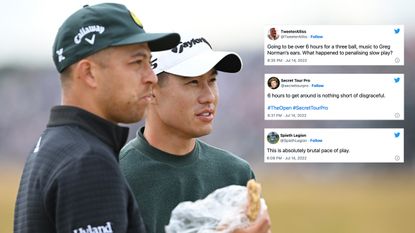Golfers pictured with tweets added on top