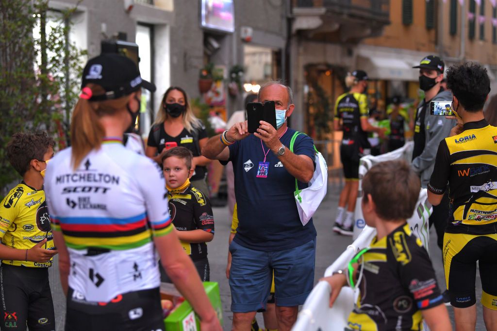 Annemiek van Vleuten (Mitchelton-Scott) is stopped by fans for a picture in Grosseto, Italy, during the teams presentation for the 2020 Giro Rosa