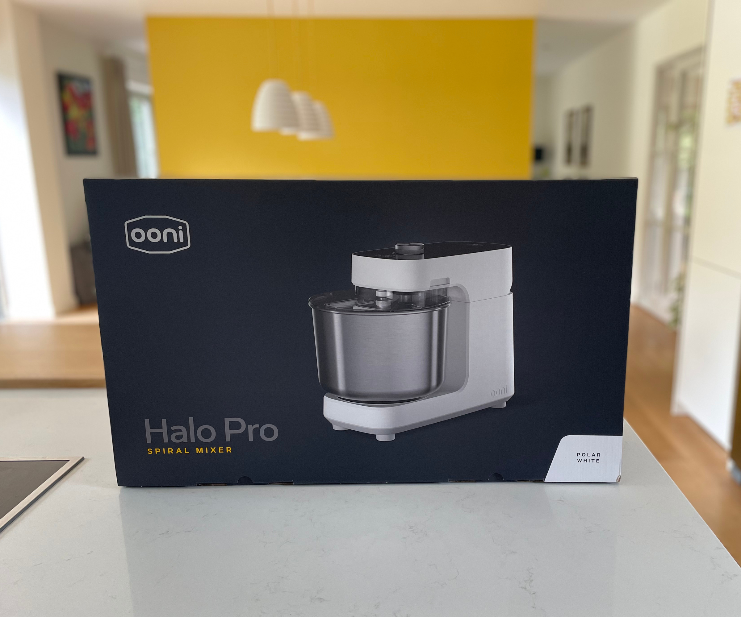 The Ooni Halo Pro Spiral Mixer box on my kitchen counter
