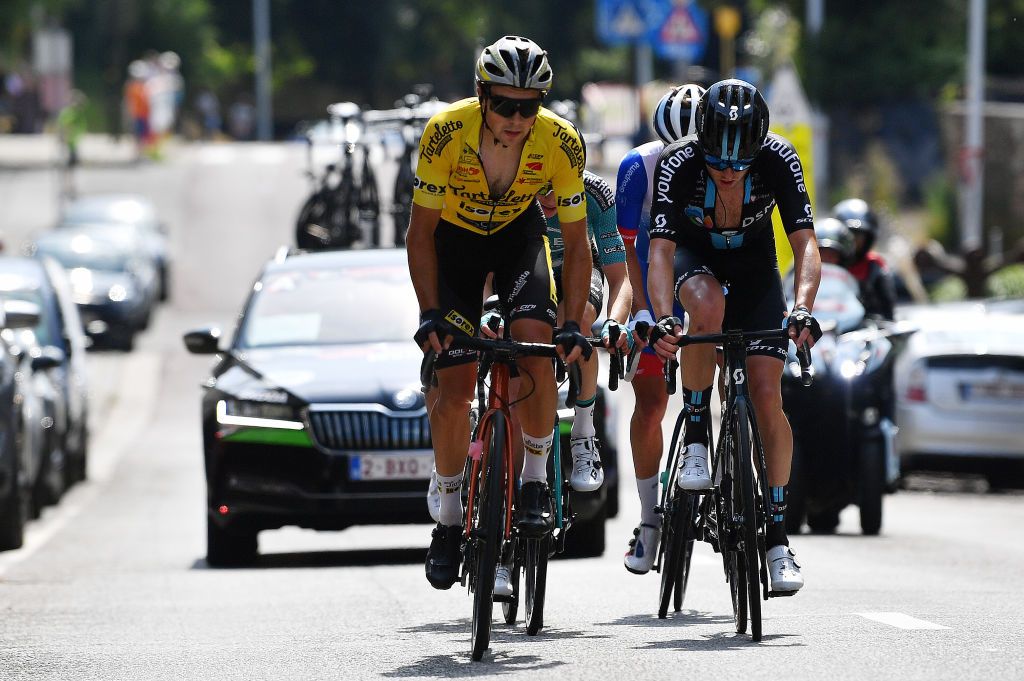 HUY BELGIUM JULY 23 LR Lennert Teugels of Belgium and Team Tarteletto Isorex and Casper Phillip Pedersen of Denmark and Team DSM compete in the breakaway during the 43rd Ethias Tour de Wallonie 2022 Stage 1 a 1744km stage from Temploux to Huy 204m ethiastourdewallonie22 on July 23 2022 in Huy Belgium Photo by Luc ClaessenGetty Images
