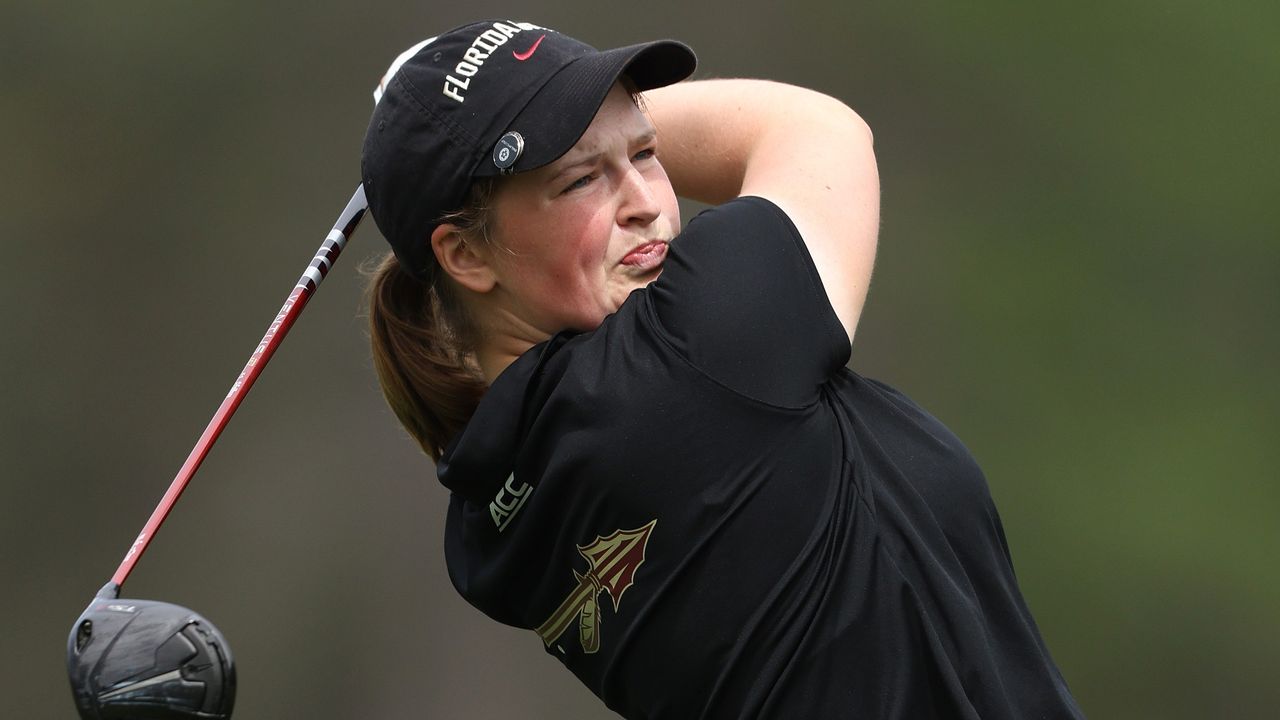 Lottie Woad of England tees off on the 2nd hole during the first round of the Augusta National Women&#039;s Amateur at Champions Retreat Golf Course on April 03, 2024