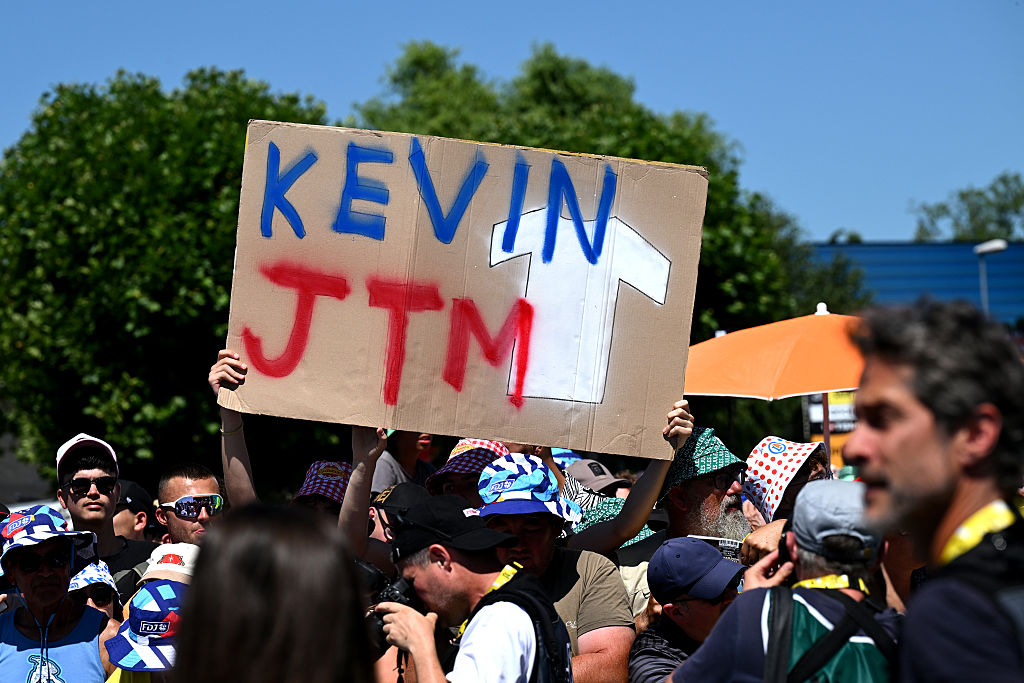 SAINT-MEEN-LE-GRAND, FRANCE - JULY 12: Fans of Kevin Vauquelin of France and Team Arkea - B&B Hotels prior to the 112th Tour de France, Stage 8 a 197km stage from Saint-Meen-le-Grand to Laval (Espace Mayenne) / #UCIWT / on July 12, 2025 in Saint-Meen-le-Grand, France.