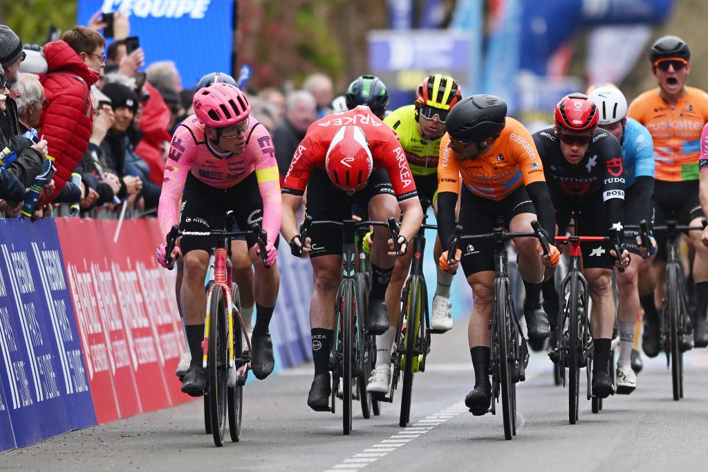 SAINTJEANDEMONTS FRANCE APRIL 02 LR Stage winner Marijn van den Berg of The Netherlands David Dekker of The Netherlands and Team Arkea BB Hotels and Jon Aberasturi of Spain and Team Euskaltel Euskadi sprint at finish line during the 70th Region Pays de la Loire Tour 2024 Stage 1 a 2105km stage from FontenayleComte to SaintJeandeMonts on April 02 2024 in SaintJeandeMonts France Photo by Dario BelingheriGetty Images