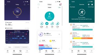Three screen-grabs of the Fitbit app, homepage, sleep stats and workout mode