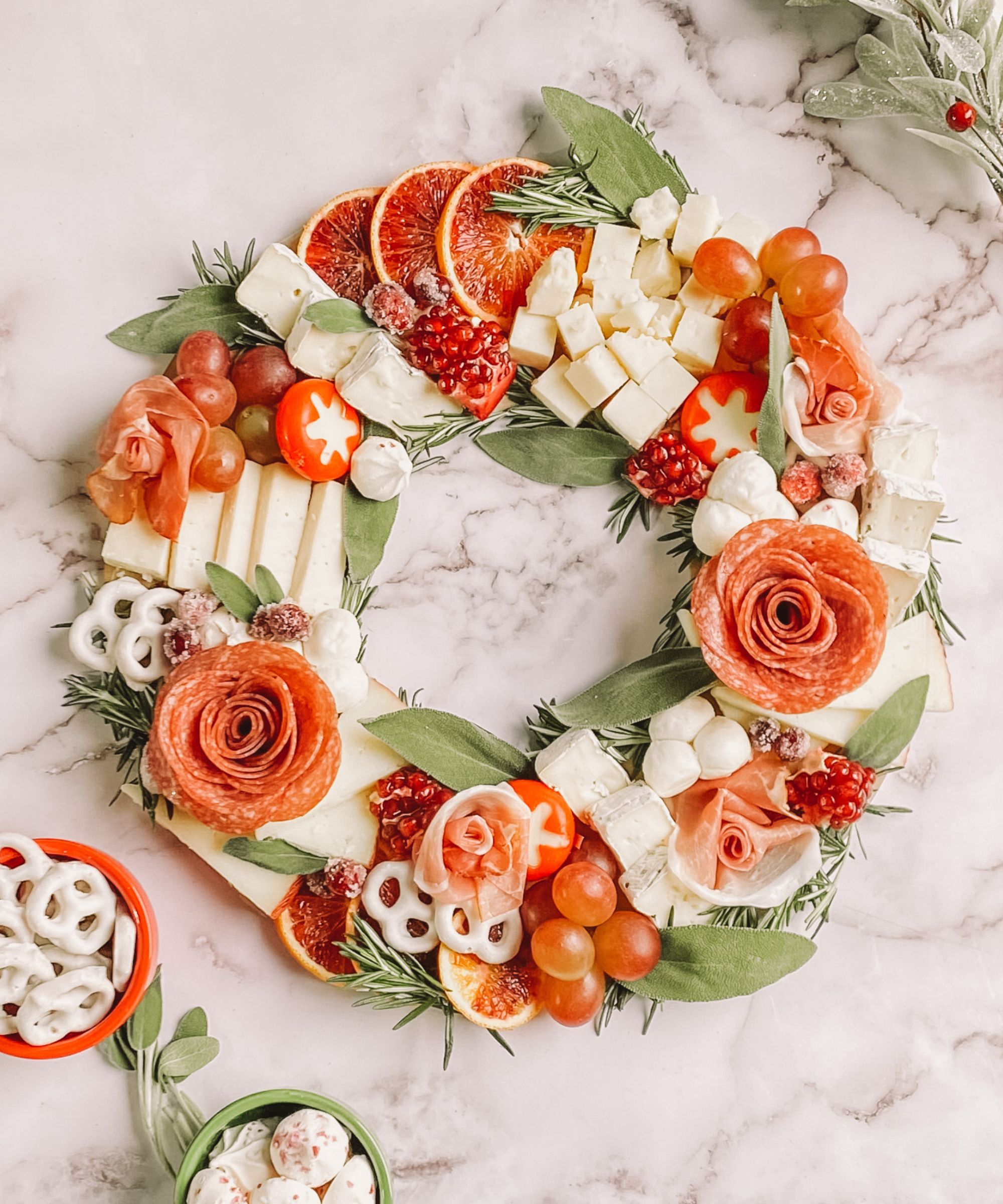 Charcuterie wreath on a marble table
