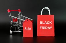 A black background with a red shopping bag that says BLACK FRIDAY on, next to a shopping trolley with a red price tag that reads Sale.