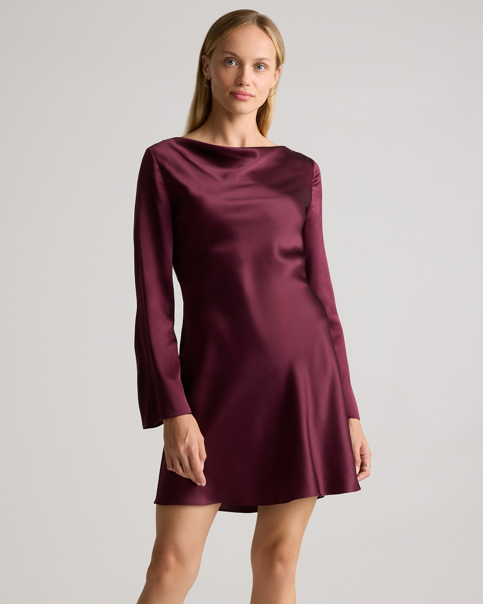 100% Washable Silk Long Sleeve Mini Dress in Champagne