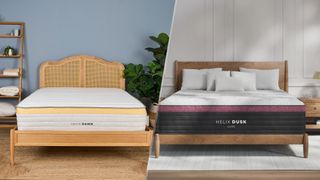 On the left, a Helix Dawn Mattress on a bed frame in a bedroom. On the right, the Helix Dusk Luxe Mattress on a bed frame in a bedroom