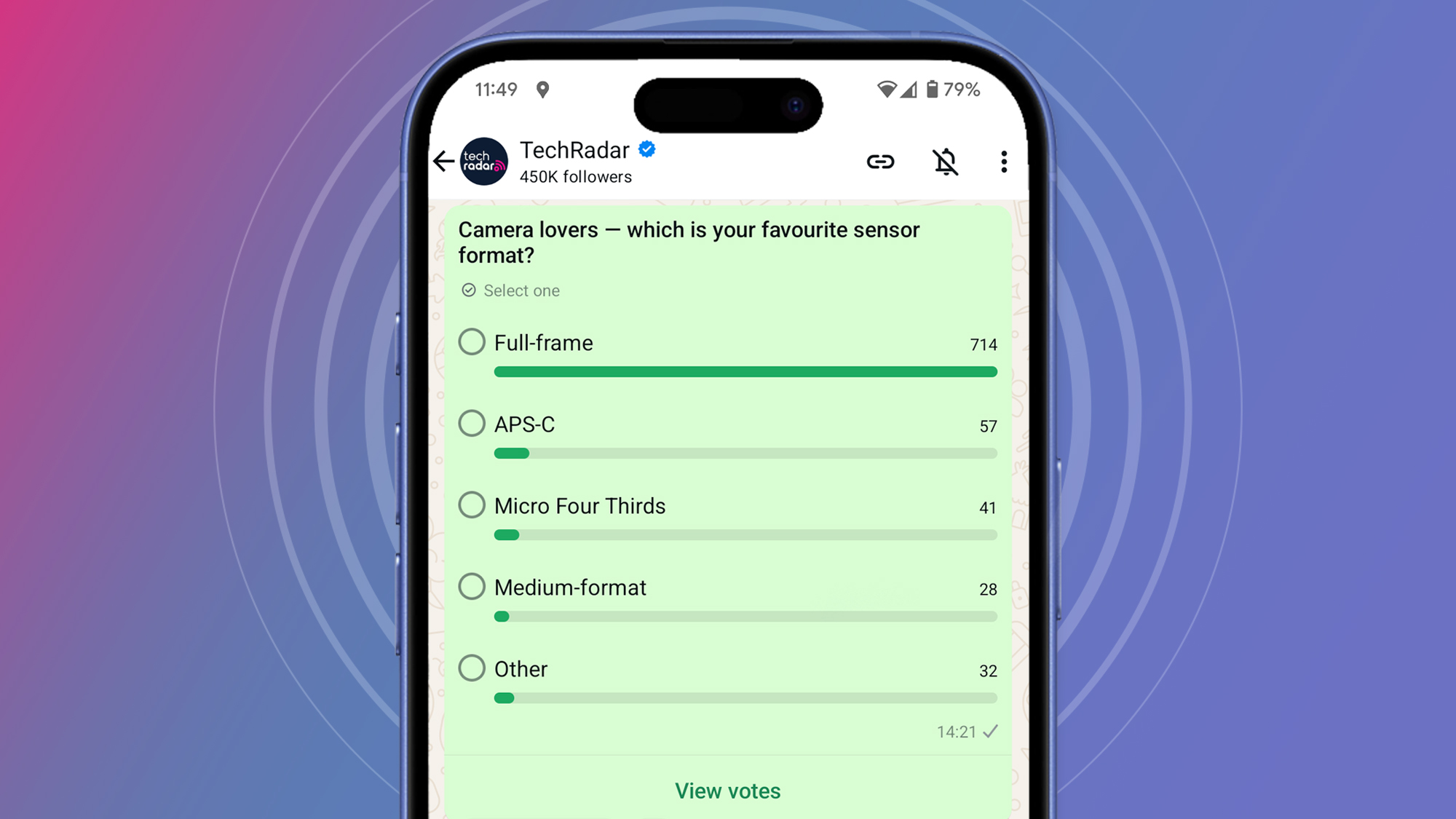 iPhone displaying WhatsApp poll asking, Camera lovers - which is your favorite sensor format?