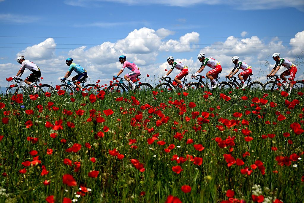 SOFIA, BULGARIA - MAY 10: (L-R) Guillermo Thomas Silva of Uruguay and Team XDS Astana - Pink Leader Jersey and a general view of the peloton passing through flowery landscape during the 109th Giro d&amp;apos;Italia 2026, Stage 3 a 175km stage from Plovdiv to Sofia / #UCIWT / on May 10, 2026 in Sofia, Bulgaria. (Photo by Dario Belingheri/Getty Images)