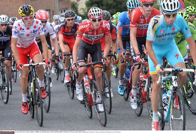 Mountain leader Cyril Lemoine (Cofidis, Credit Solutions) and Jurgen van den Broeck (Lotto Belisol)