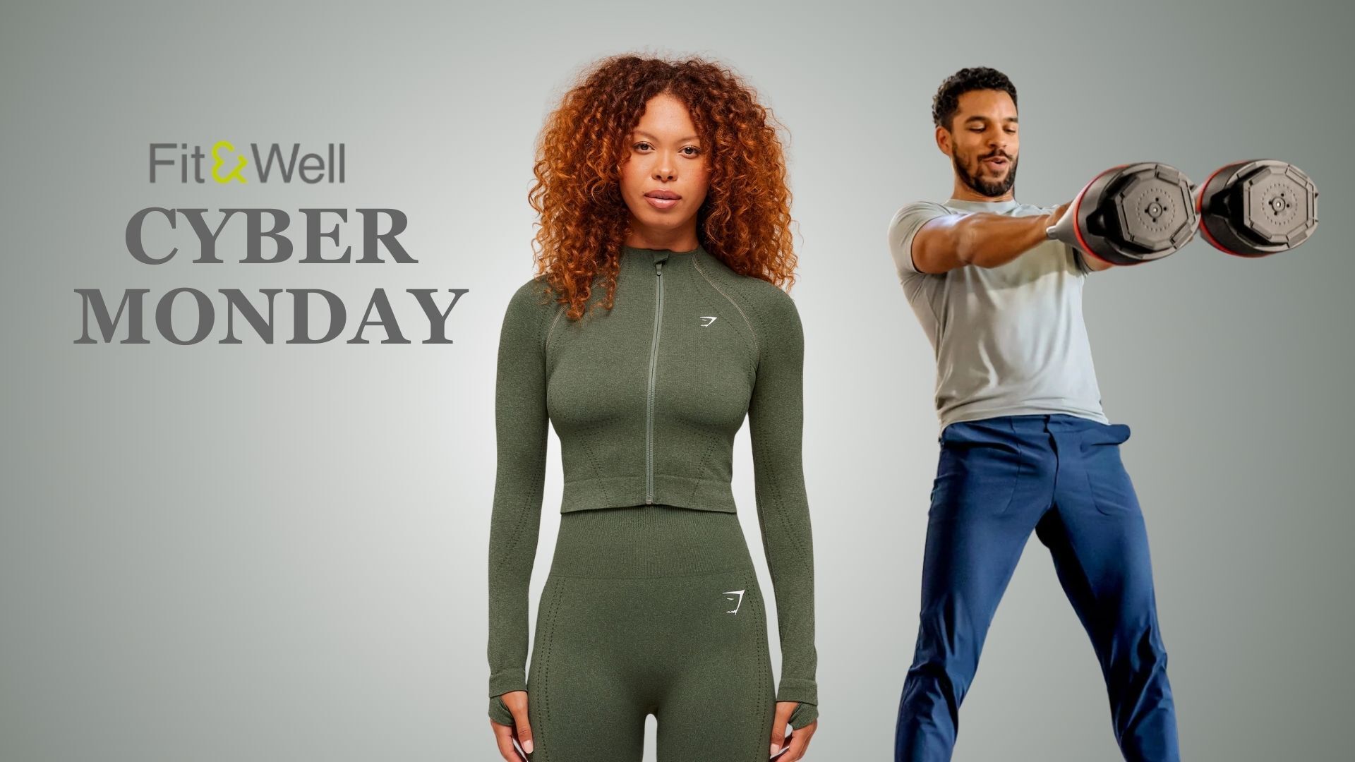Žena u gimnastičkoj odjeći i muškarac vježbaju s girjama na sivoj pozadini. Tekst na slici glasi Fit&Well Cyber ​​Monday
